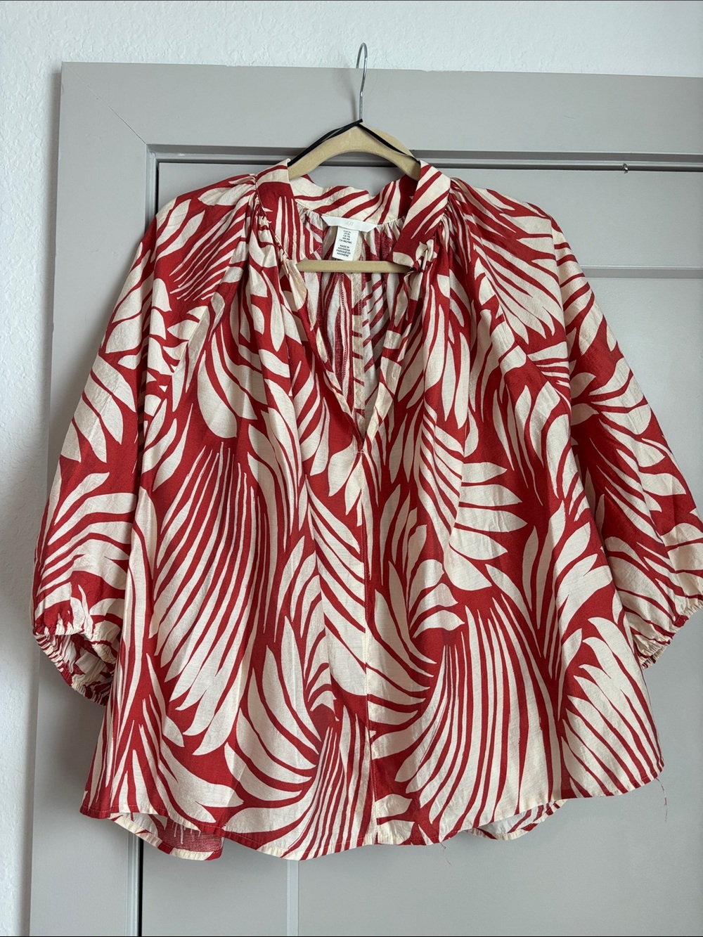 H&M Rust/Orange and Cream Palm-Print Blouse